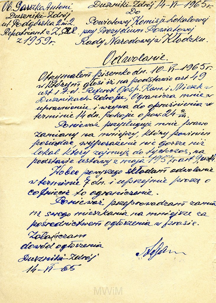 KKE 5871.jpg - Dok. Odwołanie Antoniego Graszko do Powiatowej Komisji Lokalowej przy Prezydium Miejskiej Rady Narodowej w sprawie pisma z 10 VI 1965 r., Duszniki Zdrój, 14 VI 1965 r.